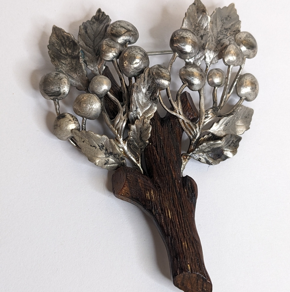 Carl‎ Art Sterling Tree Brooch – Silver & Wood Nature Pin (2.5” x 3”)